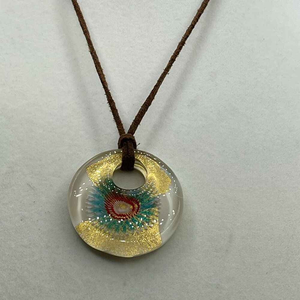 Vintage. Lia Sophia art glass pendant leather cord necklace